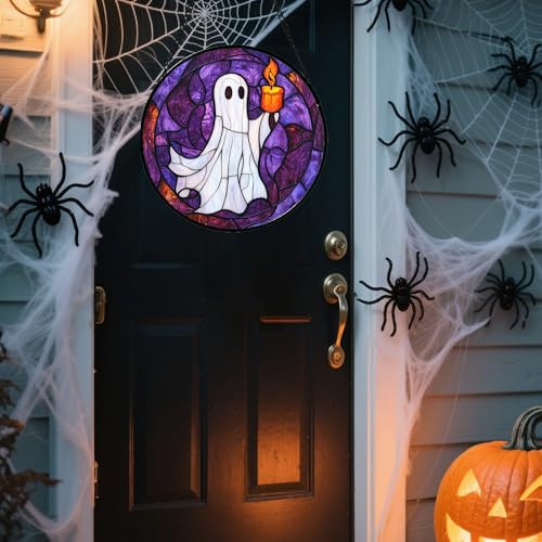 Image of Stained Glass Window Hanging - Halloween Decorations Ghost Suncatcher for Doors Garden Indoor Spooky Funny Purple Sun Catchers Gothic Decor Horror Gifts for Women Men Friend 9.8 in