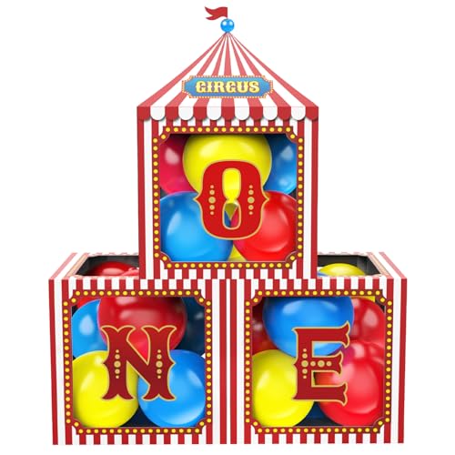 First Birthday Decorations for Boy Girls ONE Balloon Boxes with Balloons ONE Blocks for Cartoon Circus Carnival Clown Theme Baby 1st Birthday Backdrop Cake Smash Photo Props