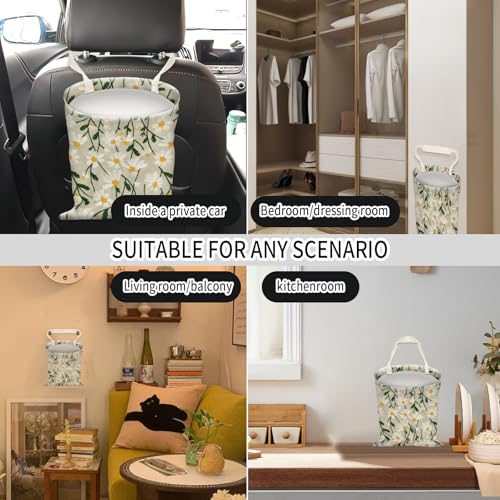 Image of Car Trash Can, Hanging Garbage Bin for Men and Women, Cute Car Organizer and Storage Bag, Canvas Vehicle Trash Can Bag Easy-to-Install Cute White Floral