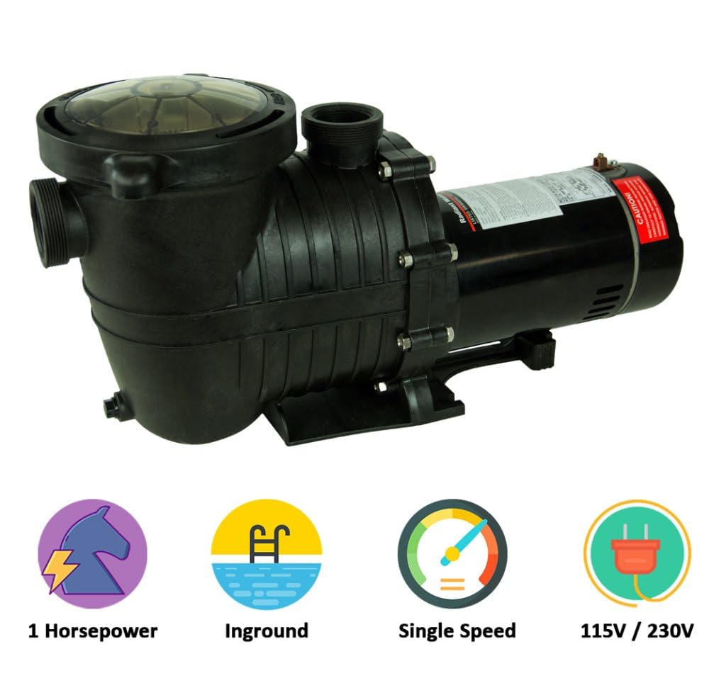 Rx Clear Mighty Niagara 1 HP Single Speed Pool Pump - 115V/230V Dual Voltage, 1.5" Connections, For In-Ground Pools