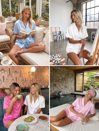 Image of Ekouaer Womens Satin Pajama Set Short Sleeve Sleepwear Button Down Pjs | Silky Smooth Satin, Soft Top and Shorts, Bridal Getting Ready Outfit, 2 Piece Loungewear Set for Daily Sleep, Wedding Party