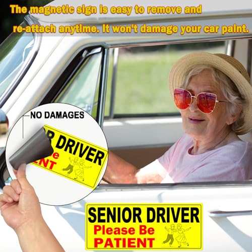 Image of 2 Pack Senior Driver Car Magnet Sign, Elderly Driver Magnet for Car, Please Be Patient Caution Sign to Old Grandma and Grandpa, Gag Prank Funny Gifts for Women, Men(Black - 2 Pack)