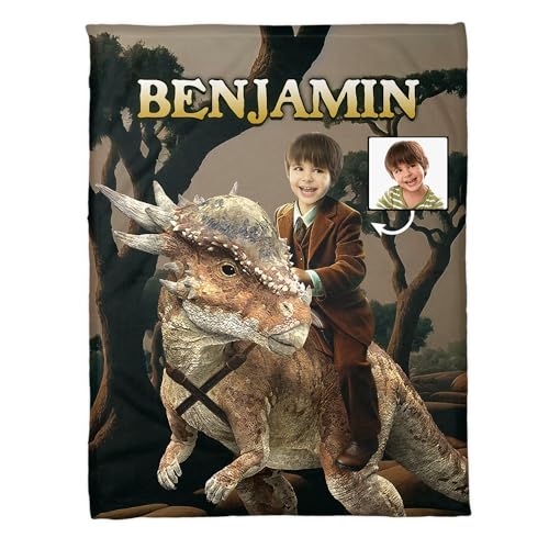 Zocoshi Personalized Boy Riding Dinosaur Baby Blanket, Custom Portrait from Photo, Dinosaur Birthday, Party Gift for Kids