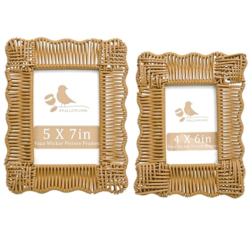SwallowLiving Rattan Picture Frame 5x7 & 4x6 Boho & Farmhouse Style Rattan Photo Frames Set of 2 - Faux Wicker Vertical Picture Frames for Desk Tabletop Display Gift for Mom Light Yellowish Brown