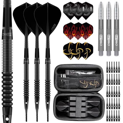CyeeLife Dardos con Punta de plástico, 90% tungsteno, 3 Unidades, 90% tungsteno, Juego Profesional con Plumas, cañas y Puntas (Negro) (Negro)