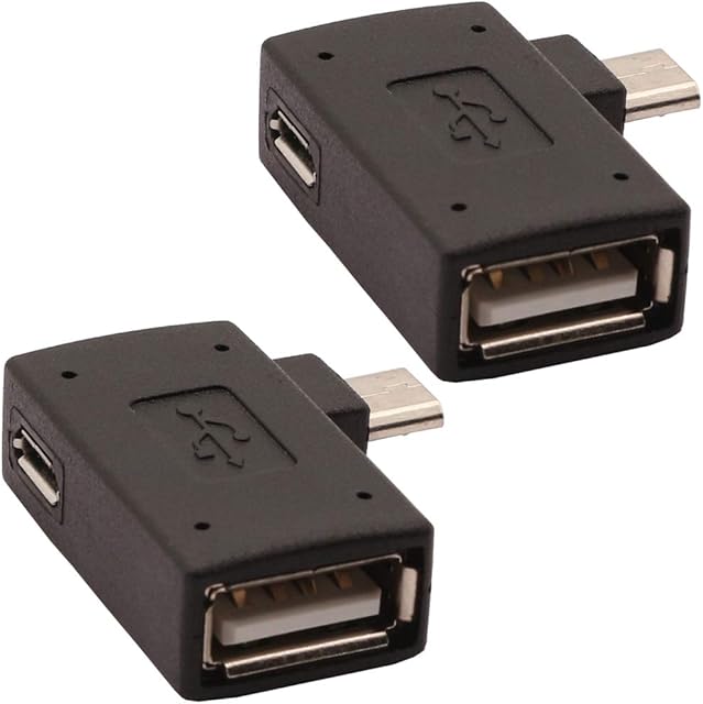 AuviPal 2-in-1 Powered Micro USB OTG Adapter 90 Degree Left Angled with Power Port for PlayStaion Classic, Raspberry Pi Zero, Chromecast and More - 2 Pack