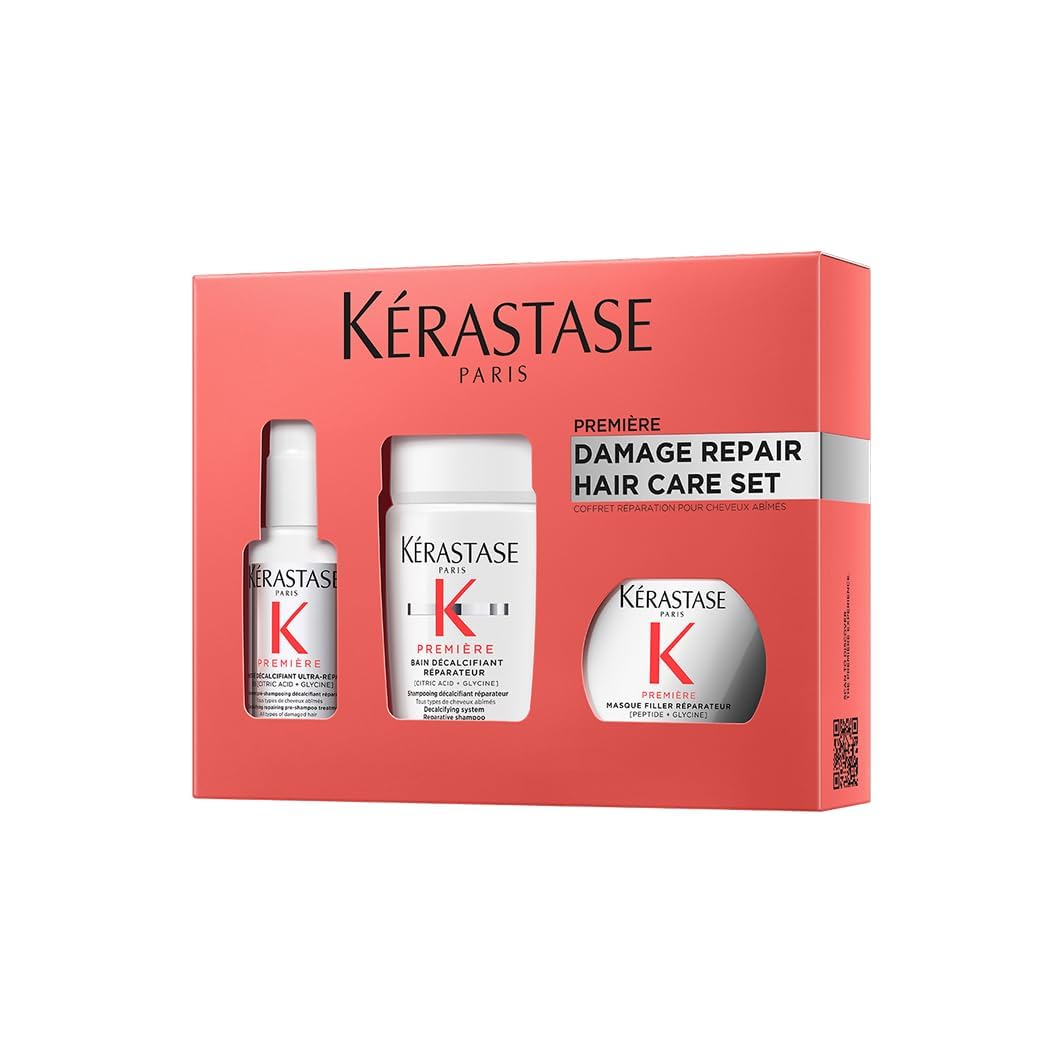 Kérastase, Première, Pflegeroutine mit Pre-Shampoo, Shampoo und Haarmaske für geschädigtes Haar, Concentré Décalcifiant Ultra-Réparateur, Bain Décalcifiant Rénovateur & Masque Filler Réparateur