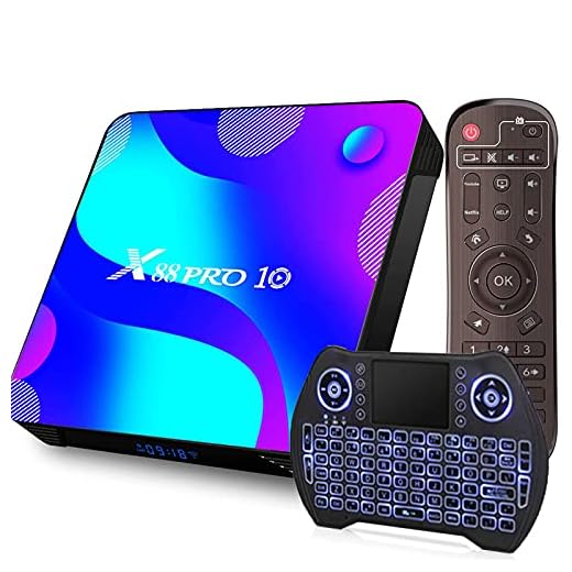EASYTONE Android 9.0 TV Box 4GB RAM 64GB ROM,Quad Core/ 64 Bits/ BT4.0/ H.265/ 3D UHD 4K Smart Box,Support 2.4G/5G Dual Wifi/100M LAN Android Boxes with Wireless Backlit Keyboard