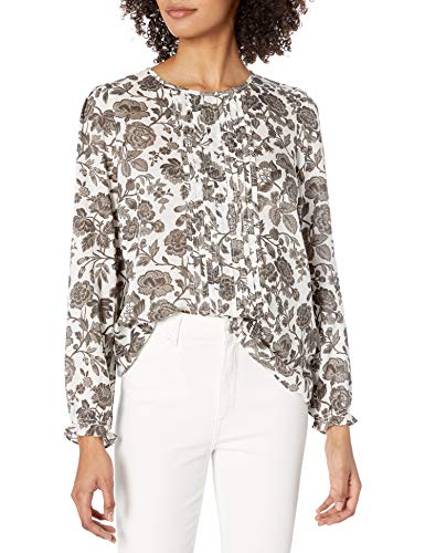 Lucky Brand Women's Long Sleeve Scoop Neck Floral Lea Pintuck Blouse, Grey Multi, X Small