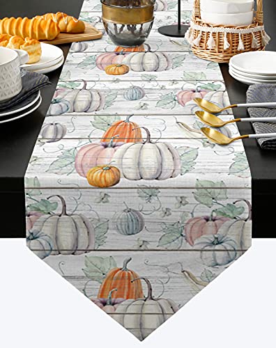 Hokiten Thanksgiving Pumpkin Table Runner - 108 Inches Long, Watercolor Pumpkin Fall Harvest Dresser Scarf Dining Tabletop Décor for Kitchen/Farmhouse/Holiday, Grey Vintage Wood Fall 13 x 108 Inch