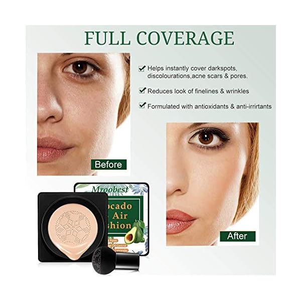 BB Mushroom Air Cushion, Avocado BB/CC Cream, All-Day Lasting Nude Foundation, Even Skin Tone Makeup Base, Easy to Apply, Thin, Moist