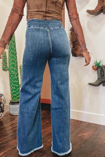 Women's Sail Blue High Waist Button Fly Flare Jeans with Raw Hem2