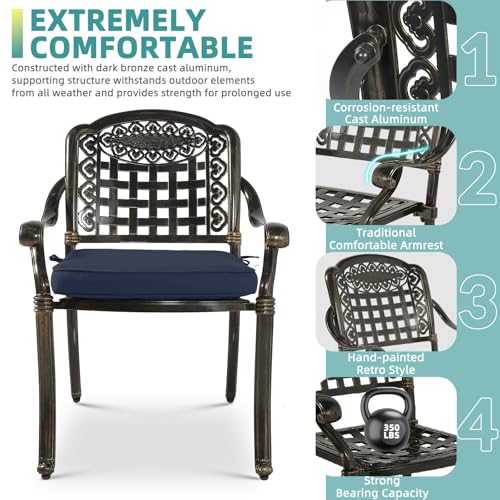 Image of MEETWARM 7-Piece Outdoor Furniture Dining Set, All Weather Cast Aluminum Patio Garden Set with 6 Chairs, 6 Cushions, 1 Rectangular Table, 2 inch Umbrella Hole, Dark Bronze, Navy Blue