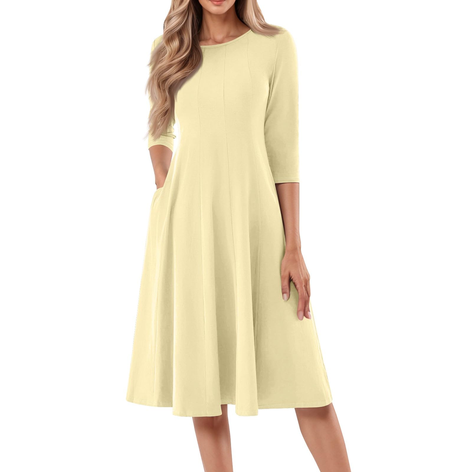 Womens Casual Midi 3/4 Sleeve Dress A Line Solid Color Tunic Dresses Pleated Crew Neck Fashion Loose Fit Wrap Sundress