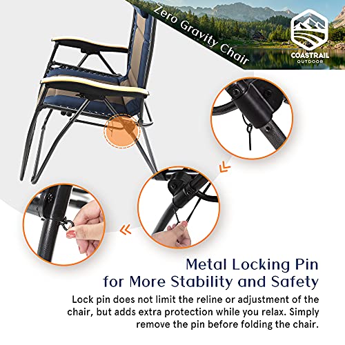 Coastrail Outdoor Zero Gravity Chair Premium Wood Armrest Padded Comfort Folding Patio Lounge Adjustable Recliner With Cup Holder & Side Table, 400Lb Capacity, Navy/Brown #TOP1