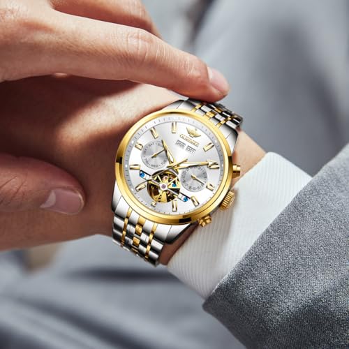Image of OLEVS Men Self Winding Watch Skeleton Mechanical Classic Luxury Relojes para Hombres Automaticos Silver Calendar Stainless Steel Waterproof Wrist Watches for Man