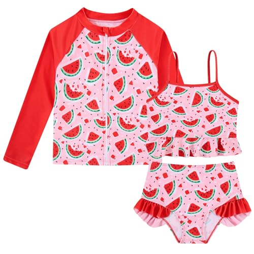 Image of Funnycokid Girls Swimsuit Kids Bathing Suit Rashguard Swimwear Long Sleeve 3 Piece Toddler 3-7 Years