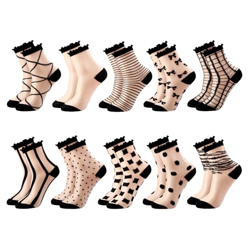 Image of Jspupifip Sheer See Through Socks for Women - Striped Plaid Mesh | Polka Dot & Bow Design Transparent Soft Breathable Fashion Stockings, Lightweight Lace Socks