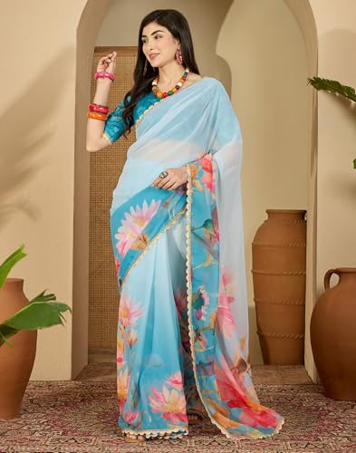 Image of SIRIL Women's Georgette Floral Printed Saree with Unstitched Blouse Piece