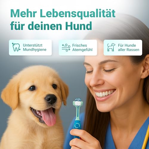 emmi-pet Zahnpflegeset für Hunde - 1x3köpfige Hundezahnbürste mit 1x Hundezahnpasta und 2x Fingerzahnbürste (Blau, Welpe - Junghund)