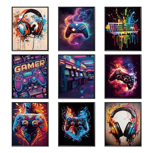 ARKZSHO Cool Game Canvas Posters Wall Art Set of 9, Retro Video Gamer Watercolor Wall Decor Paintings, Teen Boy Room Decore, Boys Room Accents for Game Room Bedroom Decor 8x10 Inch Unframed