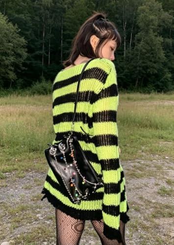 Image of Goth Y2K Striped Sweater Grunge Ripped Punk Gothic Sweaters for Women