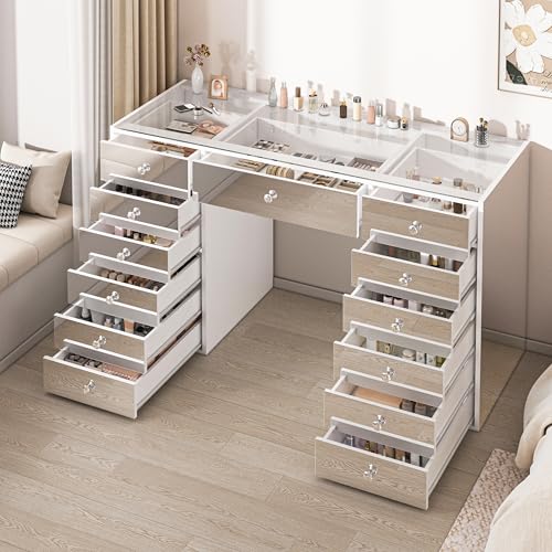 DalyLuxa Mirrored Makeup Vanity Desk with 13 Drawers, 51" Modern