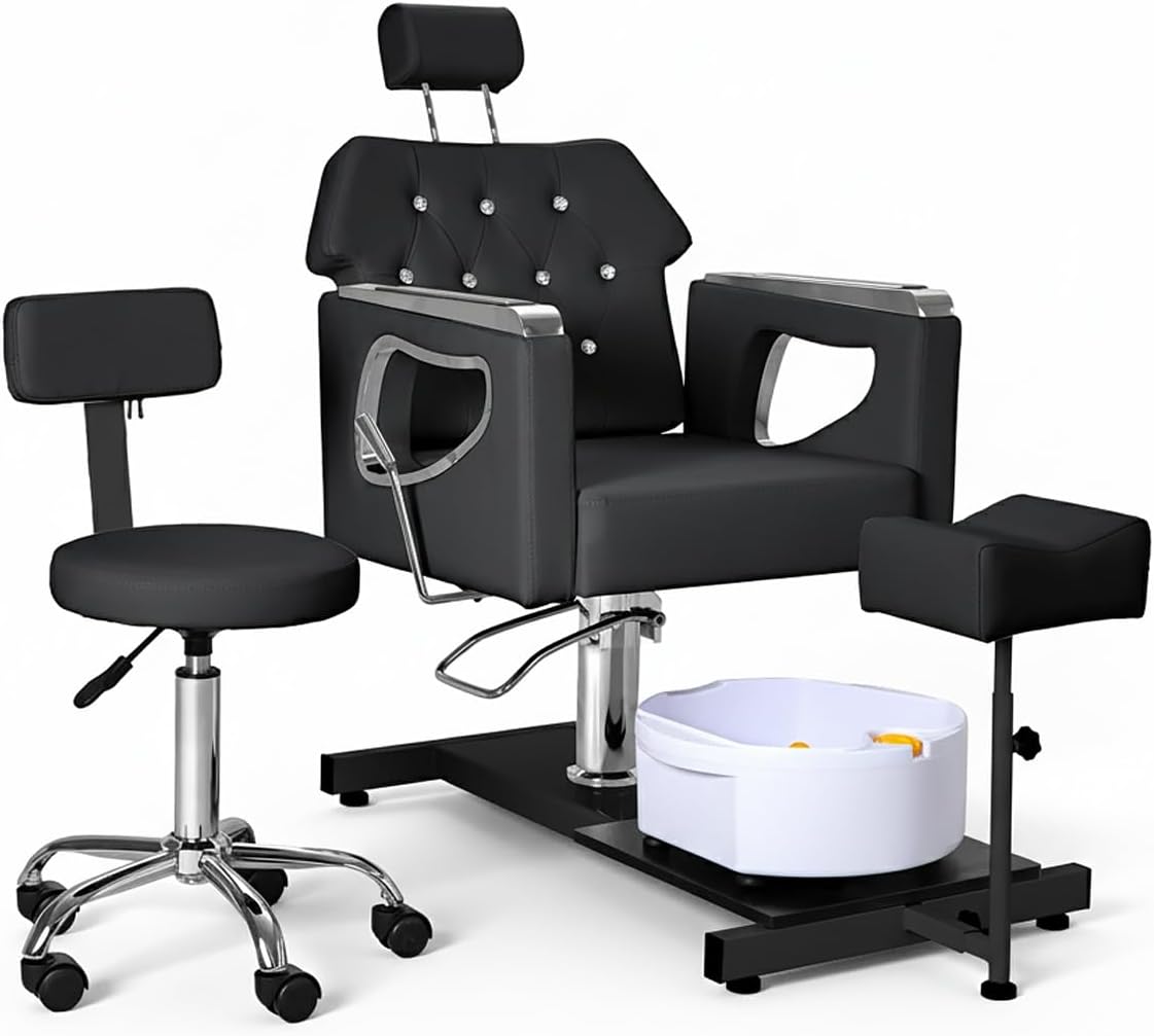 All‑in‑One Pedicure Chair with Foot Spa & Stool, Nail Tech Pedicure Station with Adjustable Footrest & Bubble Massage Basin, Nail Salon Manicure Chair for Spa Home (Black & Silver)