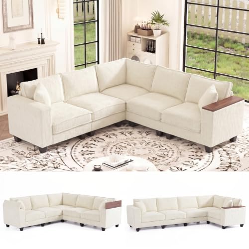 Image of 97 inch L Shaped Couch, 5 Seat Corner Couch with Storage Armrest & 2 Pillows, Convertible V Shaped Sectional Couch, Chenille L Shaped Sectional Couch, Beige Sectional Couches for Living Room