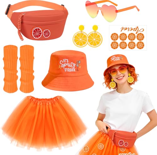 Athora Aperol Kostüm Damen 6 Stück Orange Karneval Kostüm Set mit Hut Sonnenbrille Ohrringe Beinbedeckung Rock und Rucksack Fasching Accessoires für Party Festival