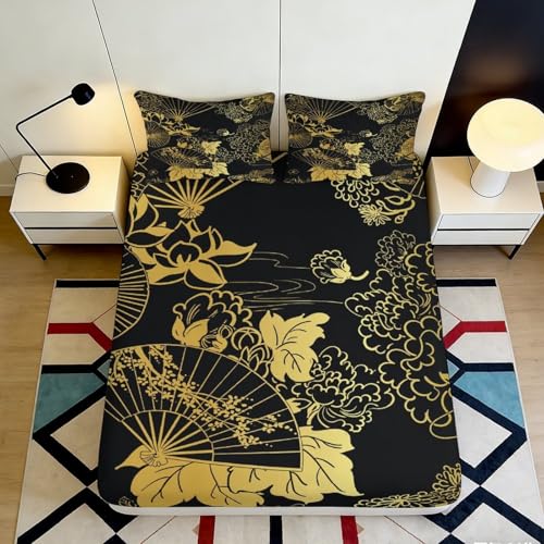 Sábana Ajustable impresión 3D Abanico Dorado Sakura Microfibra Bolsillo Profundo Antideslizante Ropa de Cama Abanico Dorado Sakura Funda colchón Lavable 90x200x25cm