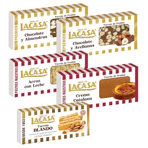 Surtido Turrones Lacasa: 5 tabletas de turrón variadas: Blando, Chocolate y almendras, Arroz con leche, Crema catalana y Chocolate y avellanas