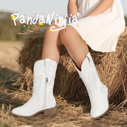 PANDANINJIA Girls Cowboy Boots Toddler Cowgirl Boots Little Big Kids Western Mid Calf Round Toe Embroidered Horse Riding Shoes Booties2
