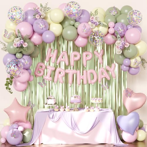 Wildflower Birthday Decorations Sage Green Pastel Pink Purple Yellow Foil Confetti Balloons Happy birthday Banner Multicolor Butterfly Fringe Curtains Birthday Decorations for Baby Women Girls Teens
