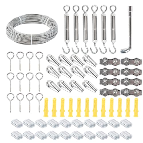 Stainless Steel Wire Rope, 1/13 ft (Approx. 0.2 cm) x 98 ft (Approx. 30 m), 72 Piece Set, for Outdoor, Garden Fence, Railing (98ft 72pcs)