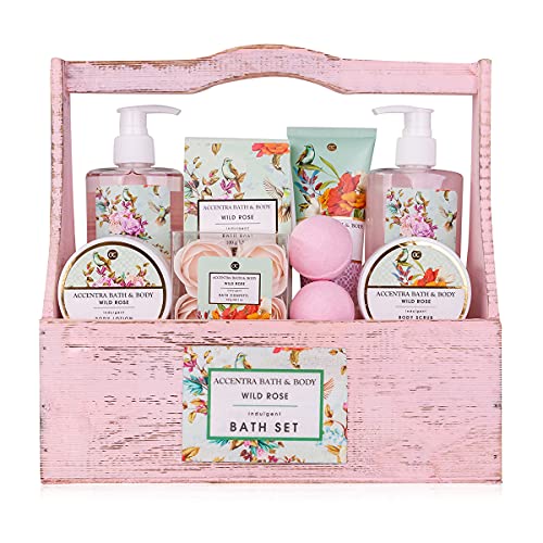 Set de Regalo accentra Set de Baño y Ducha Floral Vintage con Fragancia de Rosa Silvestre - Set de regalo de 8 piezas en cesta de madera decorativa de aspecto desgastado