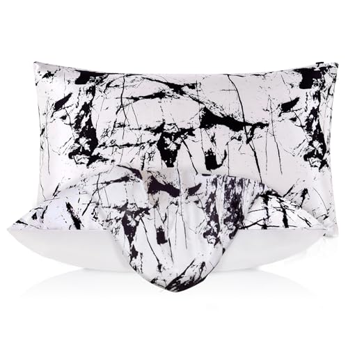 LILYSILK 100% Pure Mulberry Silk Pillowcase for Hair and Skin 19 Momme, Cotton Underside, Soft Pillow case Cover with Hidden Zipper 1Pc, White Marble Print, Standard 20x30 inches (50x75 cm) 