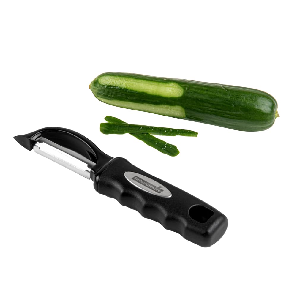 Restaurantware Comfy Grip 7.5 Inch Vegetable Peeler 1 Durable Potato Peeler - Sharp Swivel Blade Ambidextrous Handle Black Stainless Steel Veggie Peeler Built-In Blemish Remover