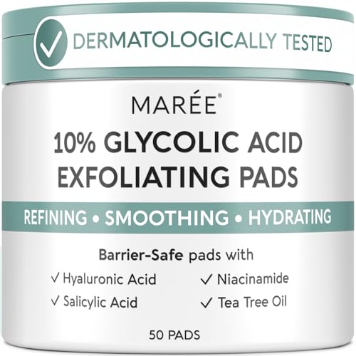 Image of MAREE Glycolic Acid Resurfacing Pads - Toner Pads for Face Cleansing - Exfoliating Pad with Tea Tree Oil, Salicylic Acid & Vitamins E, B3, B5 - Acne Treatment Device for Pore Resurfacing - 50 Count