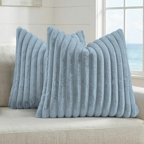 FUTEI Pack of 2 Faux Fur Throw Pillow Covers 28x28 Inch, Dusty Blue