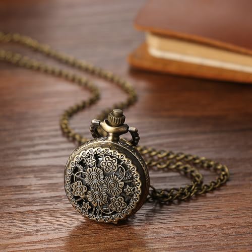 Image of JewelryWe Bronze Flower Pocket Watch: Retro Vintage Pendant Watch with Openwork Cover and 32.3 Inch Chain - for Men Women Daily Wear and Gift Giving