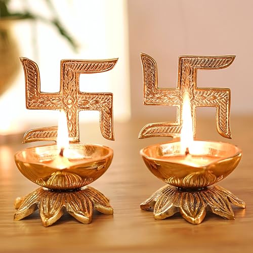 Image of Behoma 100% Pure Brass Swastik Diya Set of 2 for Puja | Traditional Handcrafted Brass Oil Lamp Diya for Home, Temple, Office, Pooja Room Decoration, Festive Rituals & Housewarming Gift Item