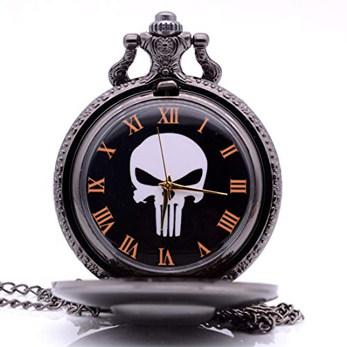 CHITOP Vintage The Punisher Skull dial Roman Numeral Quartz Pocket Watch Analog Pendant Necklace Men Women Watches Chain Gift fob Watch
