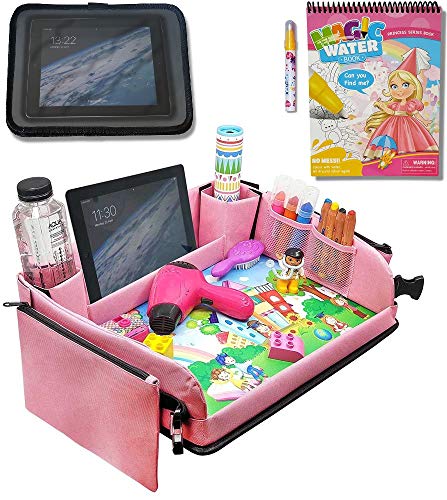 Kids Car Seat Travel Tray (Pink) + Bonus Water Coloring Book + Bonus