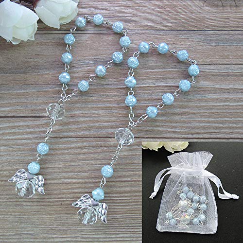 24 Pcs Blue Mini Rosary Baptism Favors with Angels for Boy Recuerdos de Bautizo Finger Rosaries Silver Plated