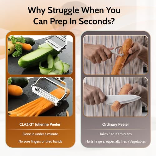 Image of Clazkit 2 in 1 Stainless Steel Julienne Peeler for Vegetables & Fruits | Multi Functional Vegetable Cutter, Slicer & Shredder for Potato, Carrot, Cucumber | Sharp Dual Blade Kitchen Peeler