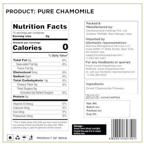 Image of CHAYAM Chamomile Tea Loose Leaf - 30g each | Pure Whole Chamomile Flowers | Calming Bedtime Herbal Tea | Good Sleep & Stress Relief | Caffeine-Free - pack of 2