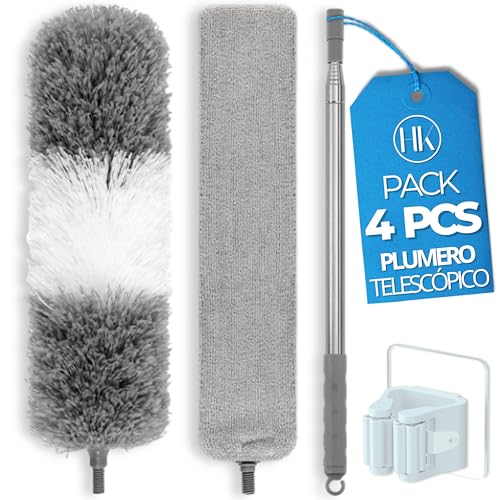 HKaizen Plumero Telescópico Extensible 82-150 cm | Mopa Plana Microfibra Lavable | Limpia Radiadores de Calefacción y Zonas Difíciles | Mango Acero Inoxidable + Colgador Adhesivo