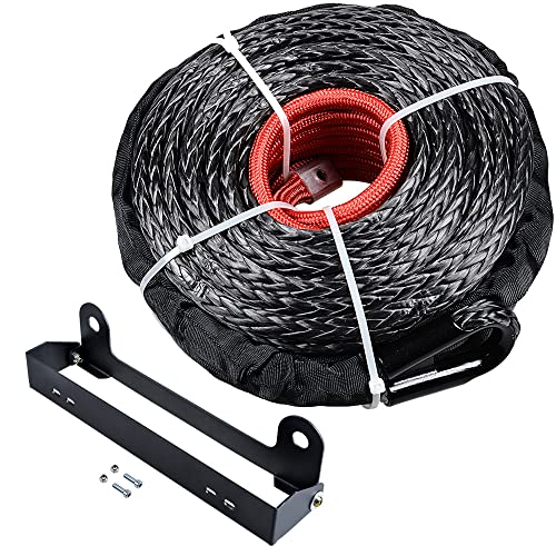 AMOPA amopacorp 95ft x 3/8 20500LBs Synthetic Winch Rope Rock Heat Guard and Stainless Steel Flip-Up Hawse Roller Fairlead Mounted License Plate Holder (Black)