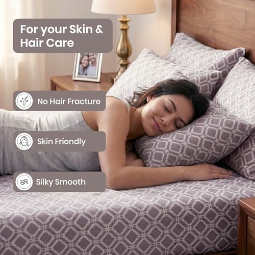 Image of Mush Hexa Collection 400 TC Satin Bed Sheet for King Size with Satin Silk Pillow Covers | Silky Soft Bedsheets King Size, Breathable & Skin-Friendly Bedding Set with Geometric Design (Warm Beige)